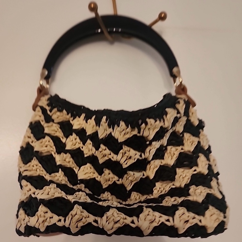 NWOT a new day Black & Cream Woven Mini Handbag with Glossy Black Handle - Picture 4 of 4